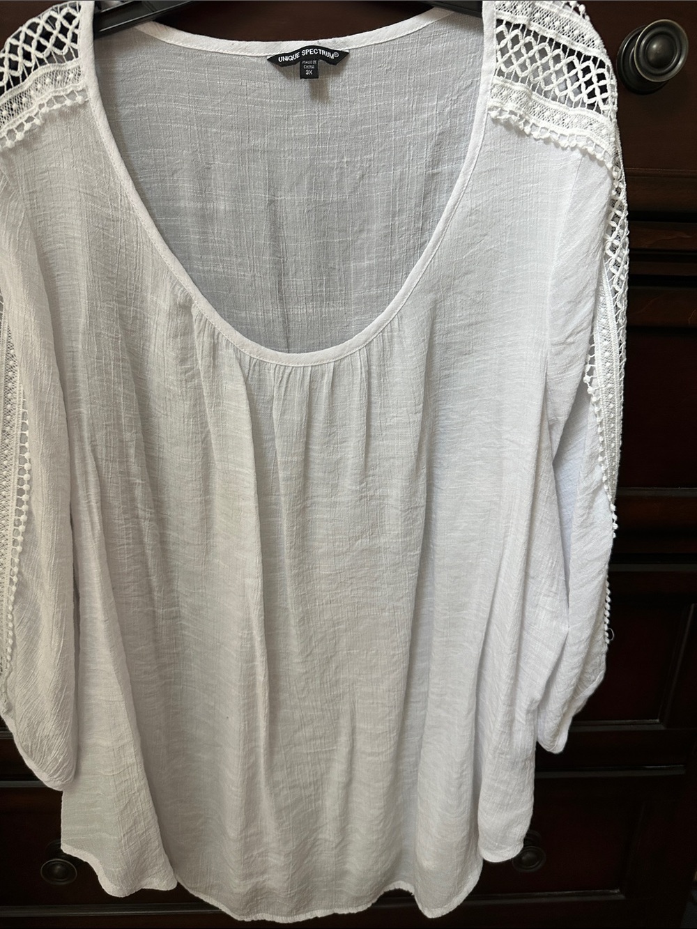 Unique Spectrum White Crochet-Trim Scoop Neck Blouse